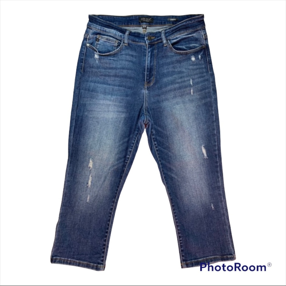 JUDY BLUE Capri Fit 16W High Rise Dark Wash Distressed Cropped Jeans 33x20.5